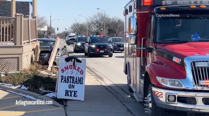 Crash scene at Big Ange's Eatery at Northwest Highway and Euclid Avenue in Arlington Heights, Saturday, February 24, 2024 (CARDINAL NEWS)