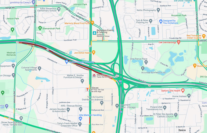 IL-390 EAST backed up over one mile past Meacham Road/Medinah Road from the interchange with I-290 at about 8:00 a.m. (Map data ©2024)