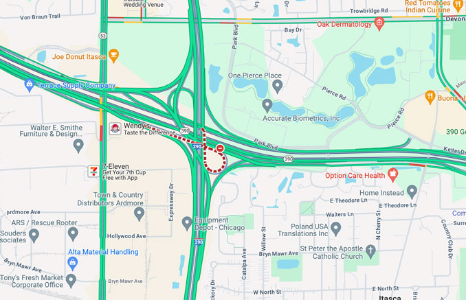 Ramp closure indicated from IL-390 EAST to I-290 WEST (northbound) at about 9:30 a.m. The closure was indicated to last until 2:30 p.m. Tuesday, but the ramp was opened before 10:30 a.m. (Map data ©2024)