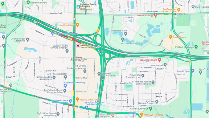 IL-390 EAST backed up up past Rohlwing Road from the interchange with I-290 at about 7:12 a.m. (Map data ©2024).