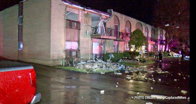 Partial roof and wall collapse at Washington Apartments in Mundelein in storm damage Tuesday, February 27, 2024 (Craig/CapturedNews)
