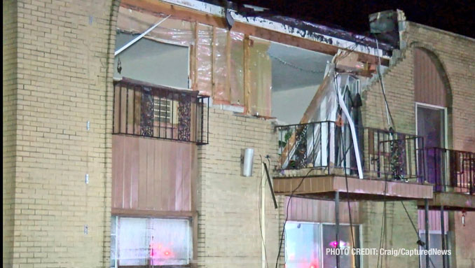 Partial roof and wall collapse at Washington Apartments in Mundelein in storm damage Tuesday, February 27, 2024 (Craig/CapturedNews)