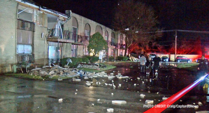 Partial roof and wall collapse at Washington Apartments in Mundelein in storm damage Tuesday, February 27, 2024 (Craig/CapturedNews).
