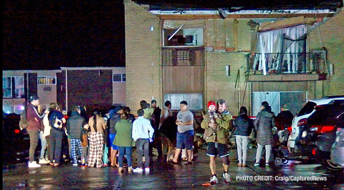 Twenty-one families were displaced after high winds caused a partial roof and wall collapse at an apartment building on Washington Boulevard in Mundelein February 27, 2024 (Craig/CapturedNews)