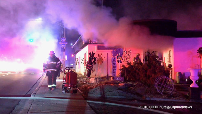 Firefighters working at the scene of an extra-alarm fire at Joseph's Florist on Milwaukee Avenue in Libertyville on Tuesday night, February 6, 2024 (Craig/CapturedNews)