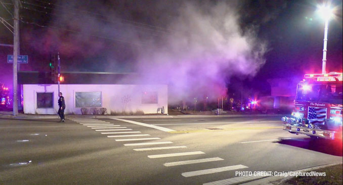 Firefighters working at the scene of an extra-alarm fire at Joseph's Florist on Milwaukee Avenue in Libertyville on Tuesday night, February 6, 2024 (Craig/CapturedNews)