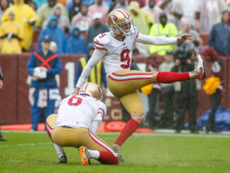 Robbie Gloud with the San Francisco 49ers with holder Mitch Wishnowsky attempts a field goal during a game on December 31, 2019 (All-Pro Reels/ Creative Commons Attribution-Share Alike 2.0 Generic license)