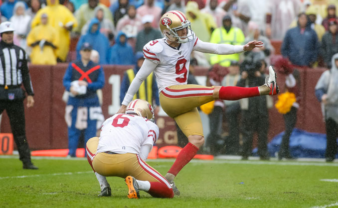 Robbie Gloud with the San Francisco 49ers with holder Mitch Wishnowsky attempts a field goal during a game on December 31, 2019  (All-Pro Reels/ Creative Commons Attribution-Share Alike 2.0 Generic license)