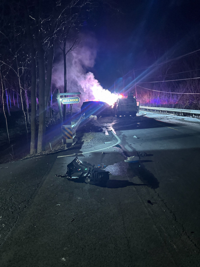 Wrecked vehicles in a head-on crash on County Line Road near Bellwood Drive in Barrington Hills on Wednesday, February 28, 2024 (Photo, unedited, provided to CARDINAL NEWS)