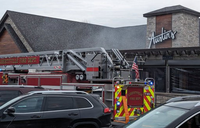 Fire at buffet table at Austin's Saloon & Eatery on Peterson Road in Libertyville on Easter Sunday, March 31, 2024 (PHOTO CREDIT: John Coyne)