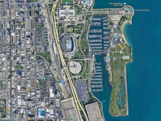 A Google satellite view shows that open space near Soldier Field is smaller than space near the existing stadium (Imagery ©2024 Googole, TerrraMetrics, Imagery ©2024 Airbus, CNES / Airbus, Maxar Technolgies, Sanborn, U.S. Grological Survey, USDA/FPAC/GEO, map data ©2024 Google)