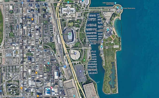 A Google satellite view shows that open space near Soldier Field is smaller than space near the existing stadium (Imagery ©2024 Googole, TerrraMetrics, Imagery ©2024 Airbus, CNES / Airbus, Maxar Technolgies, Sanborn, U.S. Grological Survey, USDA/FPAC/GEO, map data ©2024 Google)