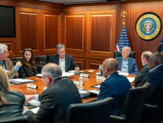 President Joe Biden meets with members of the National Security Council regarding the unfolding missile attacks on Israel, Saturday, April 13, 2024, in the White House Situation Room. (Official White House Photo by Adam Schultz)