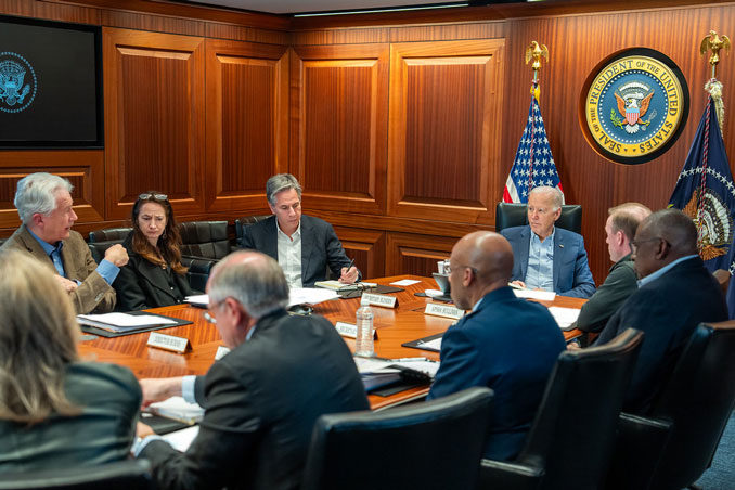 President Joe Biden meets with members of the National Security Council regarding the unfolding missile attacks on Israel, Saturday, April 13, 2024, in the White House Situation Room. (Official White House Photo by Adam Schultz)