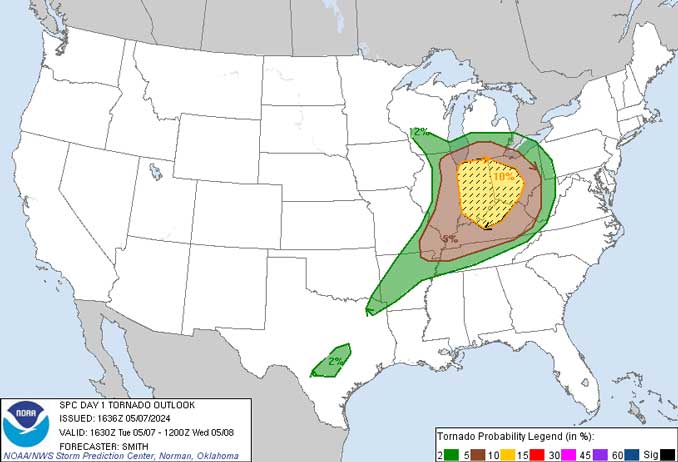SPCDay1TornadoOutlook Issued 11:36 AM CDT Tuesday 5-7-2024