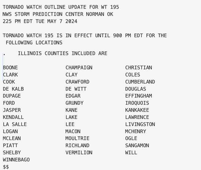 Tornado Watch Illinois counties May 7, 2024 (SOURCE: National Weather Service).