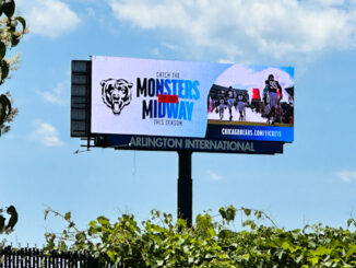 A Chicago Bears Monsters of the Midway billboard towers over Route 53 on the Chicago Bears Football Club property just east of the Route 53 expressway (CARDINAL NEWS)