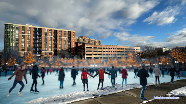 Arlington Heights Downtown Ice Rink: Downtown Arlington Heights needs an attraction, such as a combined great lawn and ice rink venue, instead of another crammed in multi-family residential building (CARDINAL NEWS Concept)