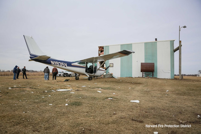 The pilot of a single-engine Cessna crashed into a hangar at Dacy Airport on Wednesday, January 8, 2025 (SOURCE: Harvard Fire Protection District)