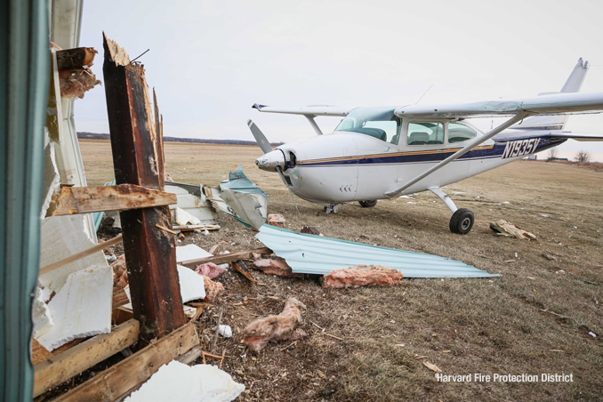 The pilot of a single-engine Cessna crashed into a hangar at Dacy Airport on Wednesday, January 8, 2025 (SOURCE: Harvard Fire Protection District)