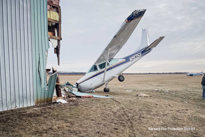 The pilot of a single-engine Cessna crashed into a hangar at Dacy Airport on Wednesday, January 8, 2025 (SOURCE: Harvard Fire Protection District)