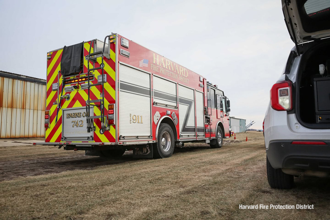 Harvard Fire Protection District fire engine on scene after the pilot of a single-engine Cessna crashed into a hangar at Dacy Airport on Wednesday, January 8, 2025 (SOURCE: Harvard Fire Protection District)