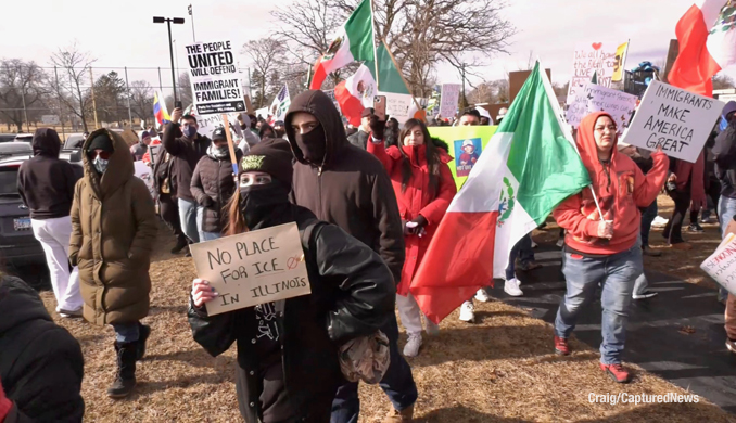 Protest march on Saturday, February 1, 2025 in Waukegan against criminal migrant arrests and alleged collateral damage cause by actions of federal agent (Craig/CapturedNews)