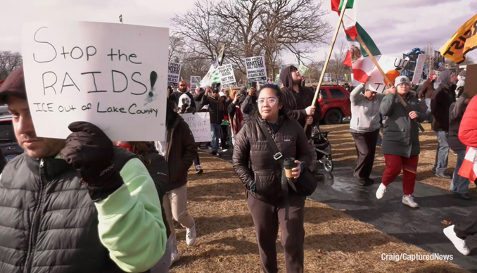 Protest march on Saturday, February 1, 2025 in Waukegan against criminal migrant arrests and alleged collateral damage cause by actions of federal agent (Craig/CapturedNews.