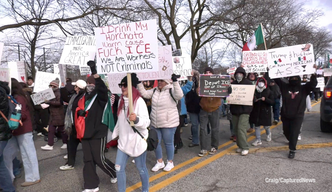 Protest march on Saturday, February 1, 2025 in Waukegan against criminal migrant arrests and alleged collateral damage cause by actions of federal agent (Craig/CapturedNews)