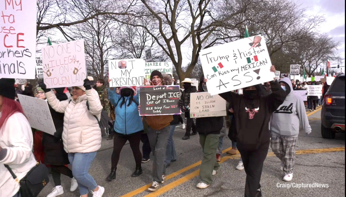 Protest march on Saturday, February 1, 2025 in Waukegan against criminal migrant arrests and alleged collateral damage cause by actions of federal agent (Craig/CapturedNews)