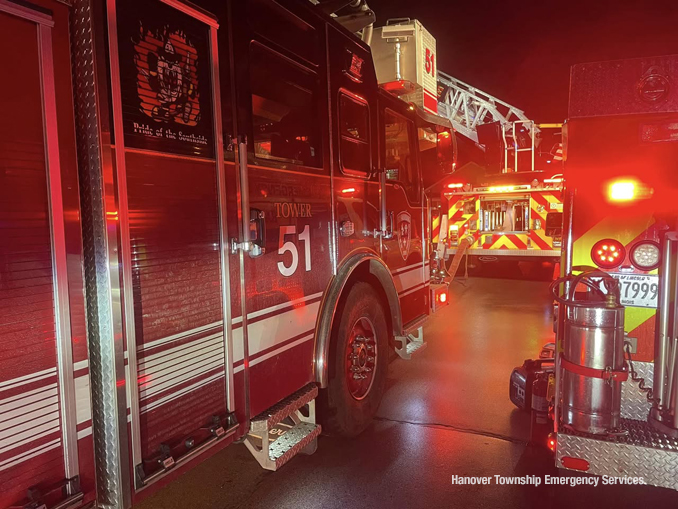 Two Schaumburg Fire Department ladder trucks on the scene of a working fire on Scarsdale Court in Schaumburg Sunday, March 16, 2025 (SOURCE: Hanover Township Emergency Services)