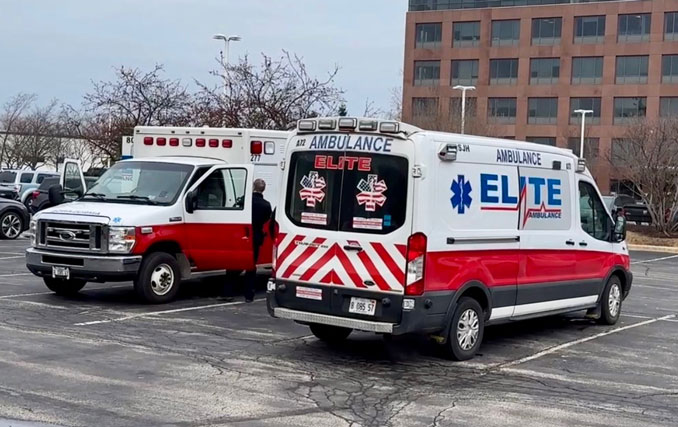 Stolen ambulance (left) and a second ambulance on the scene in Northbrook on Wednesday, February 26, 2025 (CARDINAL NEWS)