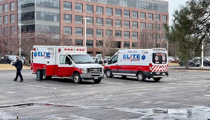 Stolen ambulance (left) and a second ambulance on the scene in Northbrook on Wednesday, February 26, 2025 (CARDINAL NEWS)