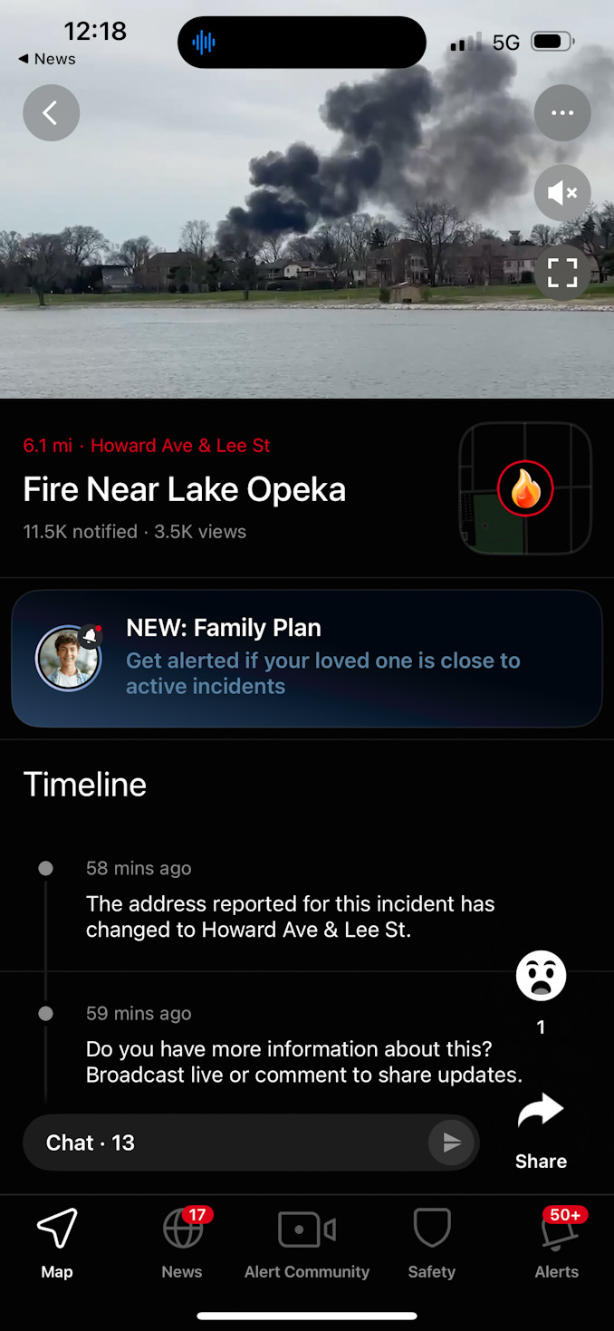 "Fire Near Lake Opeka" Screenshot from Citizen App at 12:18 p.m. Friday, April 4, 2025 (Citizen App)