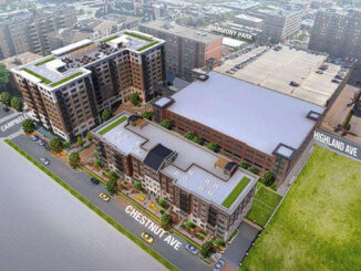 The defunct Arlington 425 project with Harmony Park in the background. Could a large park, ice skating rink, and band shell be located at Campbell Street and Highland Avenue instead? (SOURCE: Village of Arlington Heights)