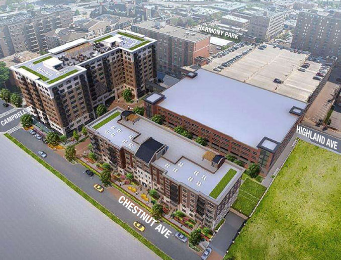 The defunct Arlington 425 project with Harmony Park in the background. Could a large park, ice skating rink, and band shell be located at Campbell Street and Highland Avenue instead? (SOURCE: Village of Arlington Heights)