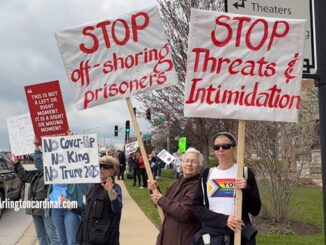 Protesters on the north side of US-14 WEST (Northwest Highway), just east of Arlington Heights Road on Saturday, April 19, 2025 (CARDINAL NEWS)