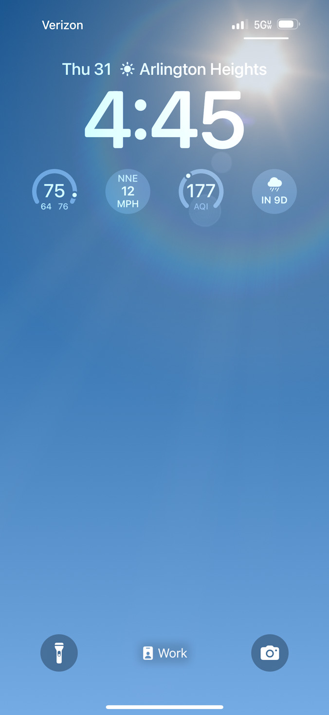 Apple iPhone screen shot at 4:45 p.m. showing AQI of 177 in Arlington Heights (Apple iPhone)