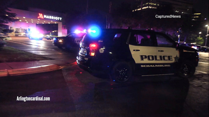 Crime scene at the Chicago Marriott Schaumburg, 50 North Martingale Road in Schaumburg after a woman was shot around 10:10 p.m. Friday, July 25, 2025 (CARDINAL NEWS)