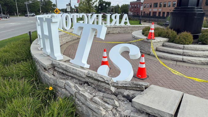 A vehicle ramming crash damaged the flagstone sitting wall under the letter 'T' and 'S' Tuesday, July 29, 2025 (CARDINAL NEWS)