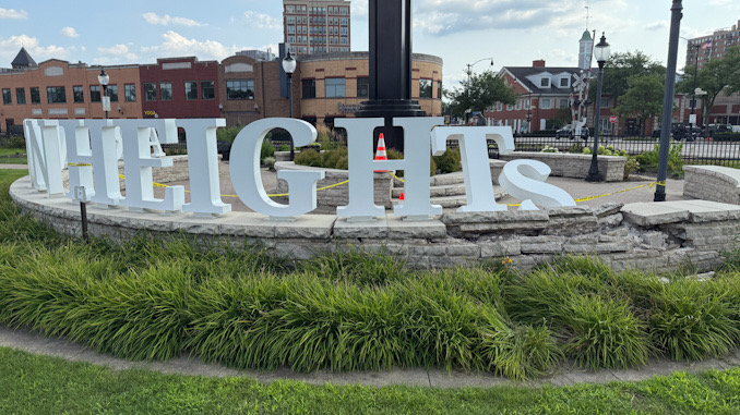 A vehicle ramming crash damaged the flagstone sitting wall under the letter 'T' and 'S' Tuesday, July 29, 2025 (CARDINAL NEWS)