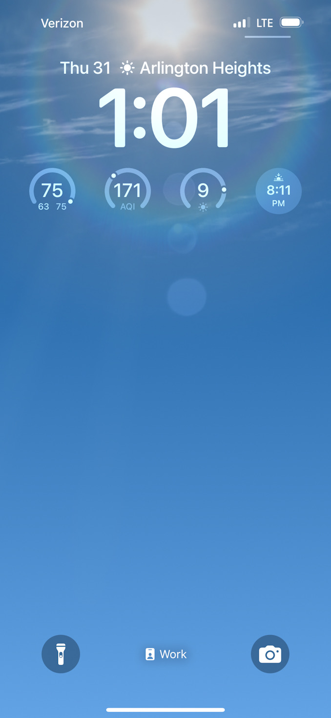 Apple iPhone screen shot at 1:01 p.m. showing AQI of 171 in Arlington Heights and a UV level of 9 (Apple iPhone)