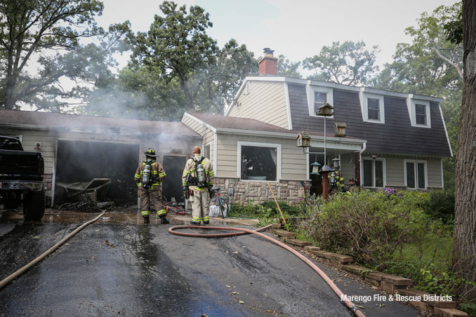 Attached garage fire in the block of 21000 west Coral Road extinguished by Marengo firefighters on Friday, August 22, 2025 (SOURCE: Marengo Fire & Rescue Districts)