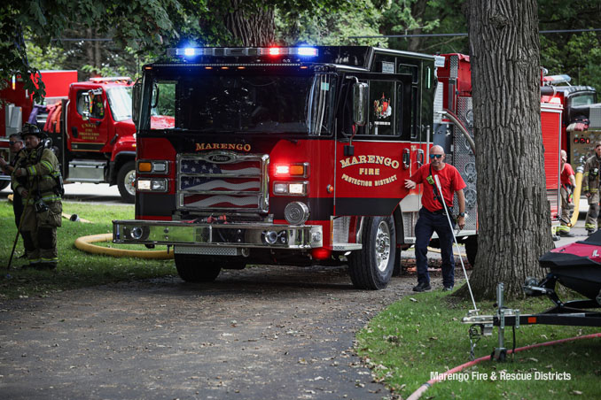 Attached garage fire in the block of 21000 west Coral Road extinguished by Marengo firefighters on Friday, August 22, 2025 (SOURCE: Marengo Fire & Rescue Districts)