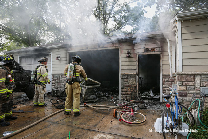 Attached garage fire in the block of 21000 west Coral Road extinguished by Marengo firefighters on Friday, August 22, 2025 (SOURCE: Marengo Fire & Rescue Districts)