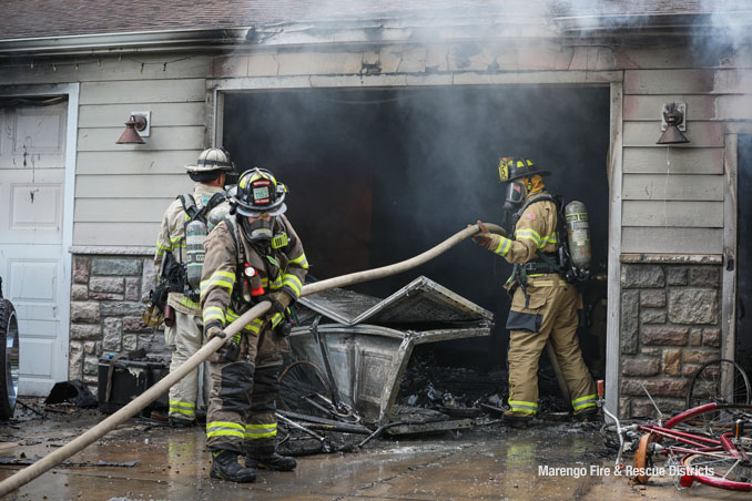 Attached garage fire in the block of 21000 west Coral Road extinguished by Marengo firefighters on Friday, August 22, 2025 (SOURCE: Marengo Fire & Rescue Districts).