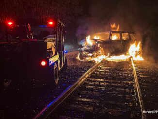 Burning vehicle after crash with a freight train on Union Pacific Northwest line between Harvard and Woodstock in McHenry County, Thursday, August 28, 2025 (SOURCE: Harvard Fire Protection District)