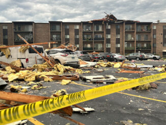 Roof torn off at Lakeside Condominium building, 701 Huntington Commons Road during a severe thunderstorm on Saturday, August 16, 2025 (CARDINAL NEWS)