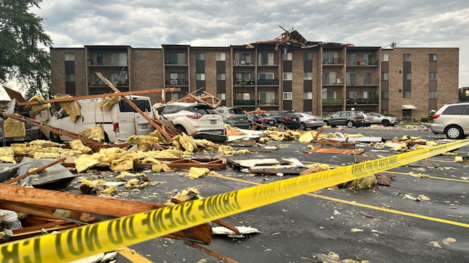 Roof torn off at Lakeside Condominium building, 701 Huntington Commons Road during a severe thunderstorm on Saturday, August 16, 2025 (CARDINAL NEWS)