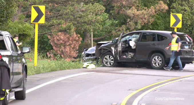 Honda CR-V in the foreground and Honda Accord in the background after the driver of the Honda CR-V crossed the double yellow line and hit the Honda Accord on Saturday, August 9, 2025 about 4:37 p.m. (Craig/CapturedNews)